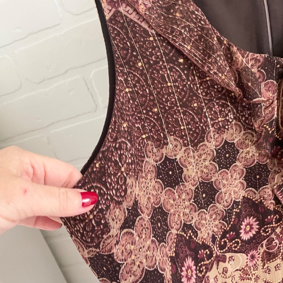 Vintage Y2K 90s midi dress Tiered Boho Burgundy Metallic Mixed print Sz 15 - Picture 7 of 15